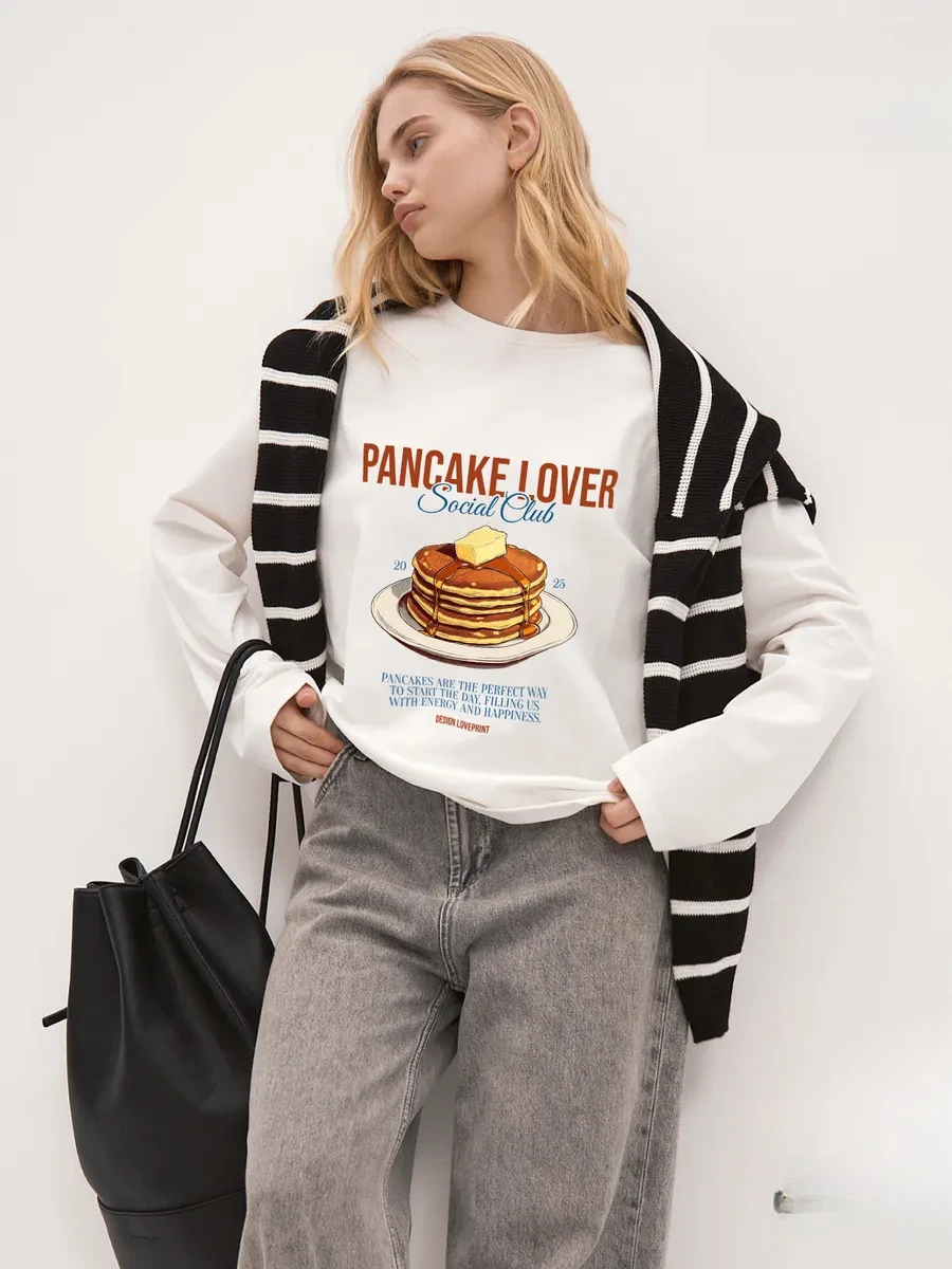 Spring Autumn Women Long Sleeve T Shirt Cotton Vintage Stacked Pancake With Butter Syrup Art Print O Neck Loose Fashion Top