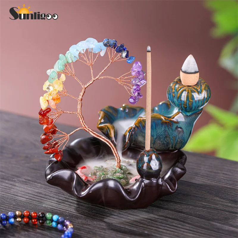 

Sunligoo Handmade Natural Crystal Gemstone Tree In Ceramics Lotus Leaf Waterfalls W/ Incense Holder Meditation Yoga Room Decor