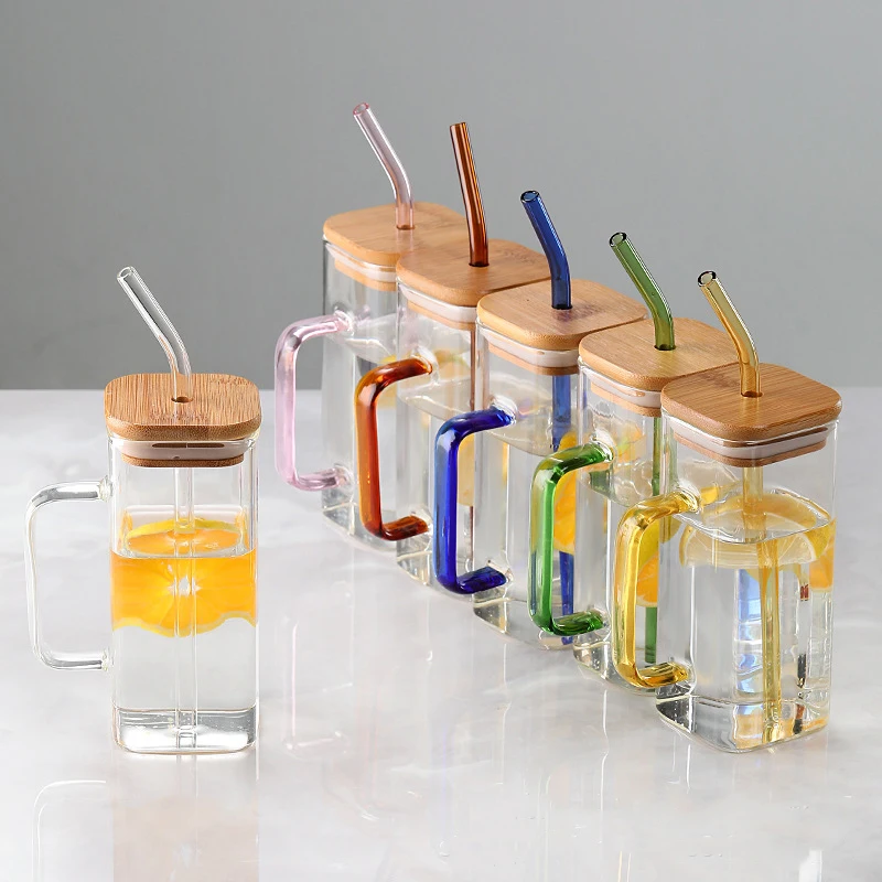 Glassware Drinkware Iced Coffee Tea Mug Water Tumbler  Square Glass  with Lid Straw Handle