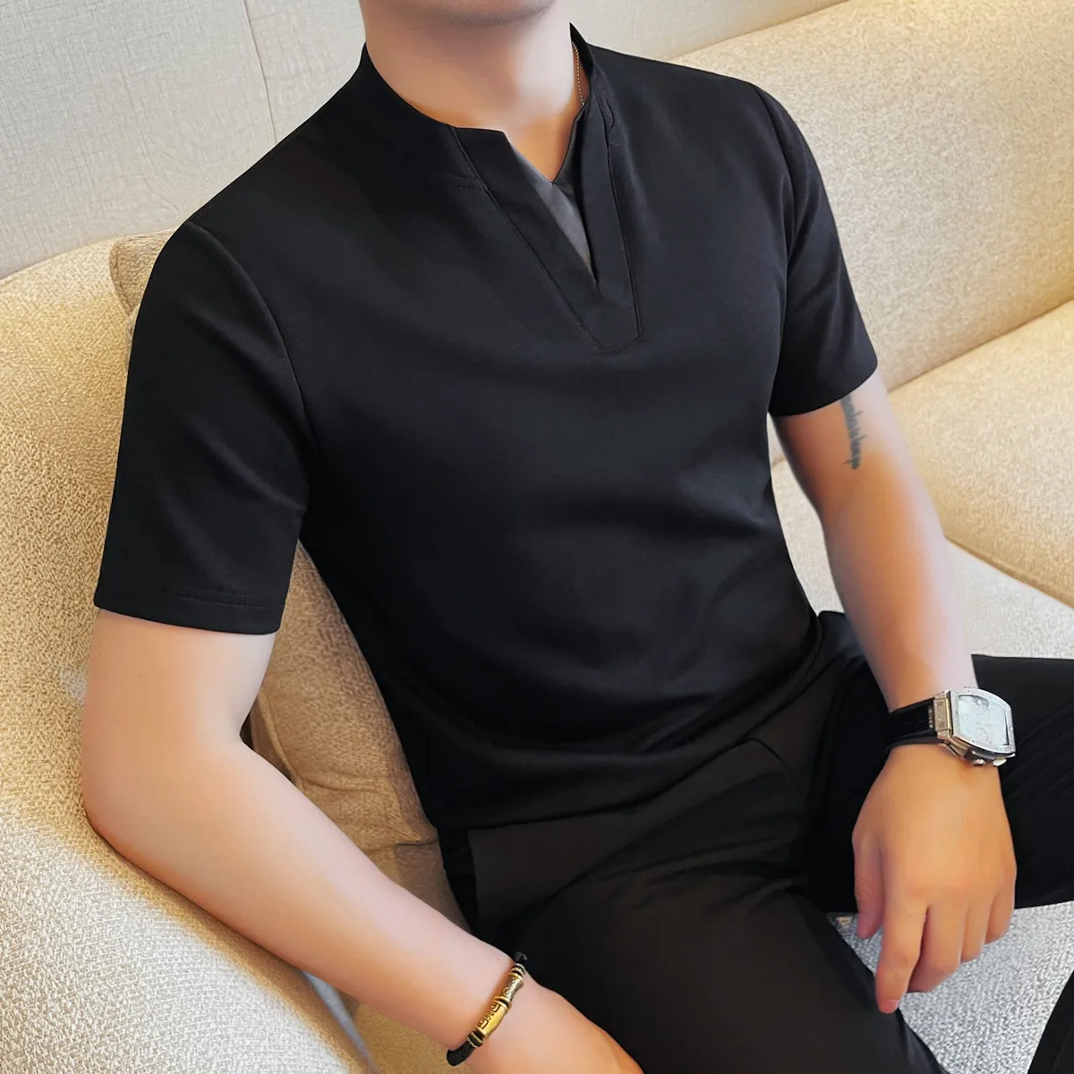 

Summer Henry Collar Short Sleeved T-shirt Men's Summer Solid Color Versatile Casual T-shirt Slim Fit Business Social Tee Tops