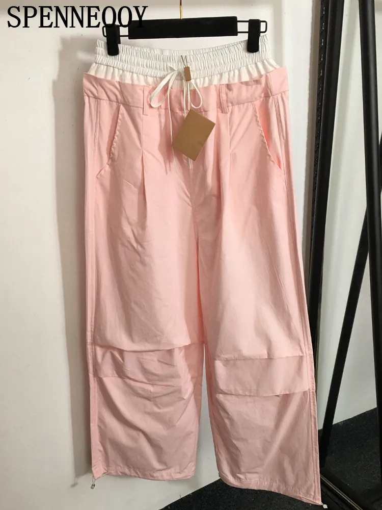 Éventuelles ENNEwing Y-Pantalon Décontracté à Jambes Larges pour Femme, Couleur Unie, Cordon de Serrage, Taille Droite, Mode Printemps Été