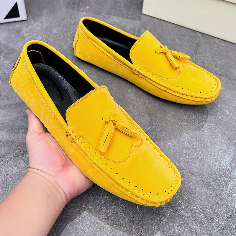 Big Size 38-48 Yellow Leather Men's Casual Shoes Soft Comfort Suede Loafers Man Fashion Slip-on Men Flat Shoes mocasines hombre