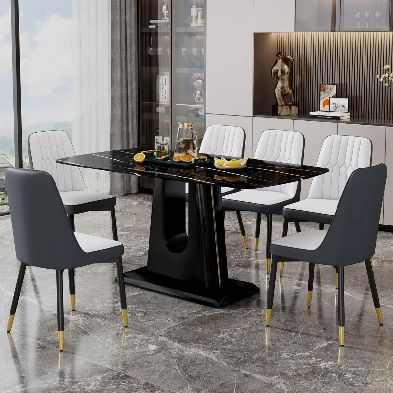 

63'' Dining Table Chairs Set of 6, Dining Table Set for 6,Black Faux Marble Dining Tabletop with MDF Table Legs and 6 Modern
