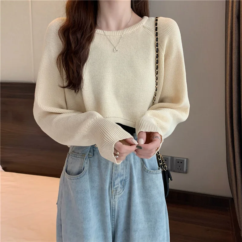 New Autumn Women Solid maglione o-collo maglione allentato Pullover Crop Top maglioni camicie Femme Knit Outwear Jumpers