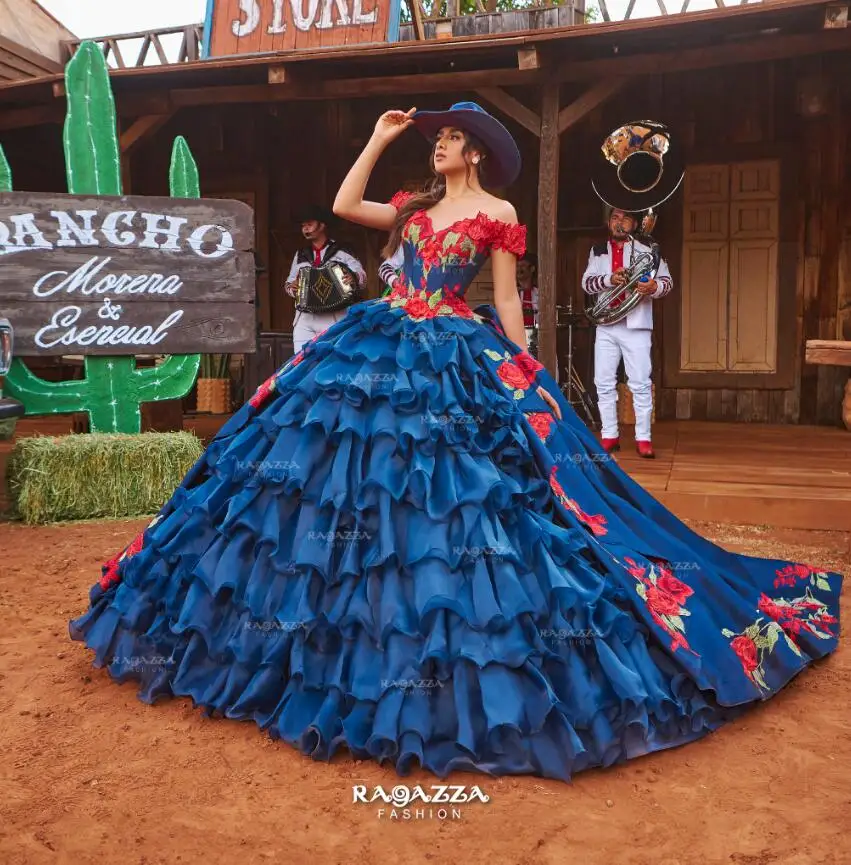 CustomizedRoyal Blue Charro Mexican Princess Quinceanera Dresses Off Shoulder Floral Applique Lace-up Corset vestidos de 15 años