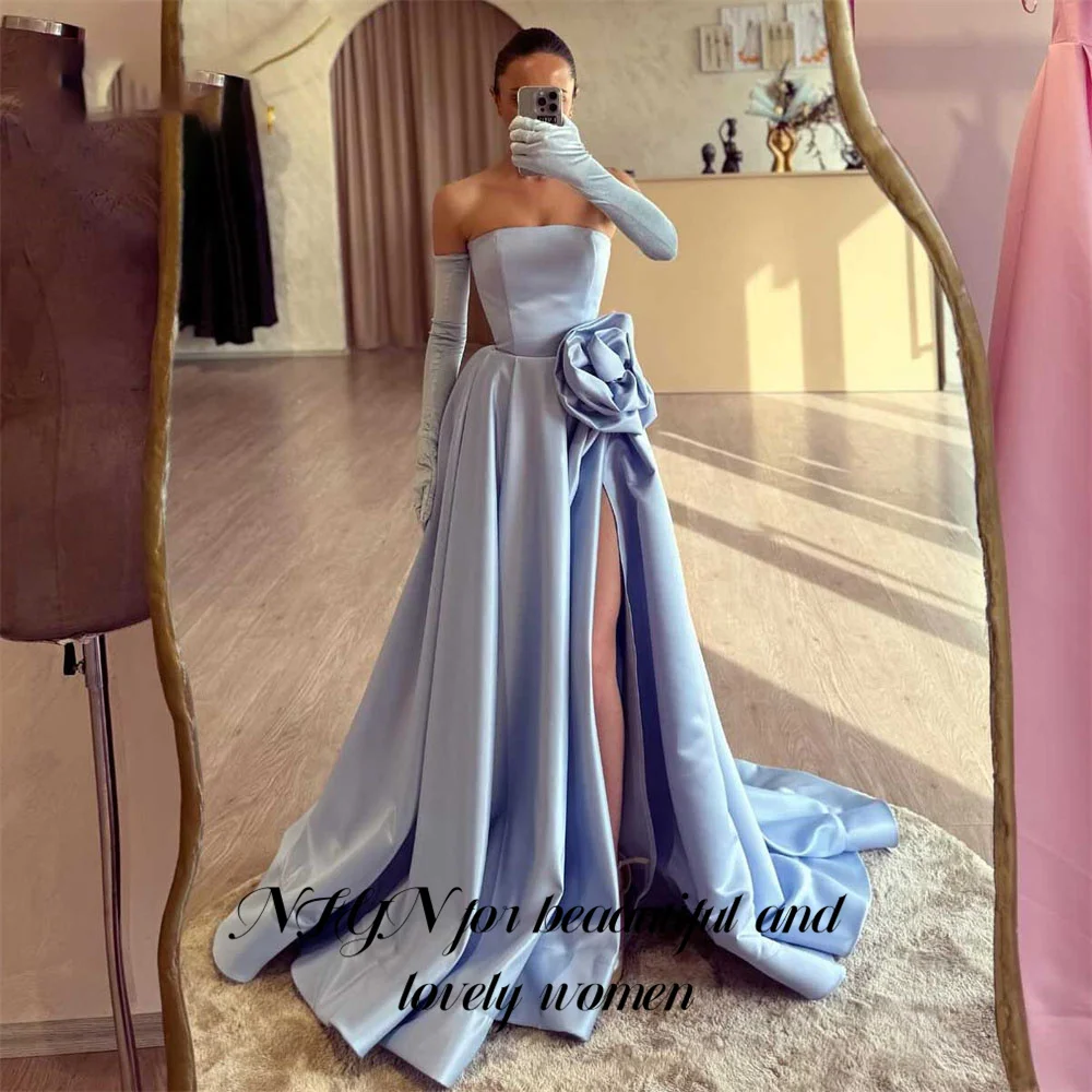 

NFYN Off the Shoulder Evening Gown A-Line Elegant Prom Dress with High Side Split Sky Blue Strapless Evening Dress Customized