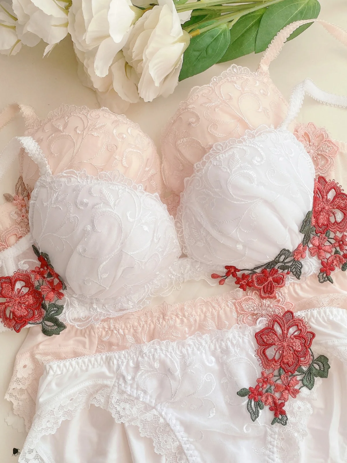 Gathered large steel circle bras sexy lace flower bra set side collection small bottom circumference underwear large cups linger