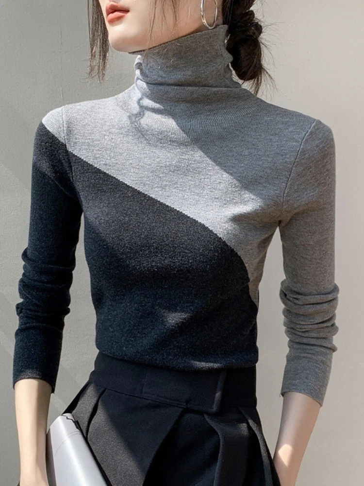 

Autumn Winter 2025 Chic Y2k Knitted Sweaters Women Panelled Bottom Layer Long Sleeve Slim Tops Vintage Warm Turtleneck Pullovers