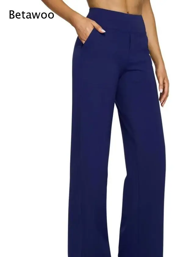 Wide Elastic High Waist Straight Wide Leg Trousers Front Side Patch Pocket Solid Soft Stretch Fabric for Commute Daily Casual
