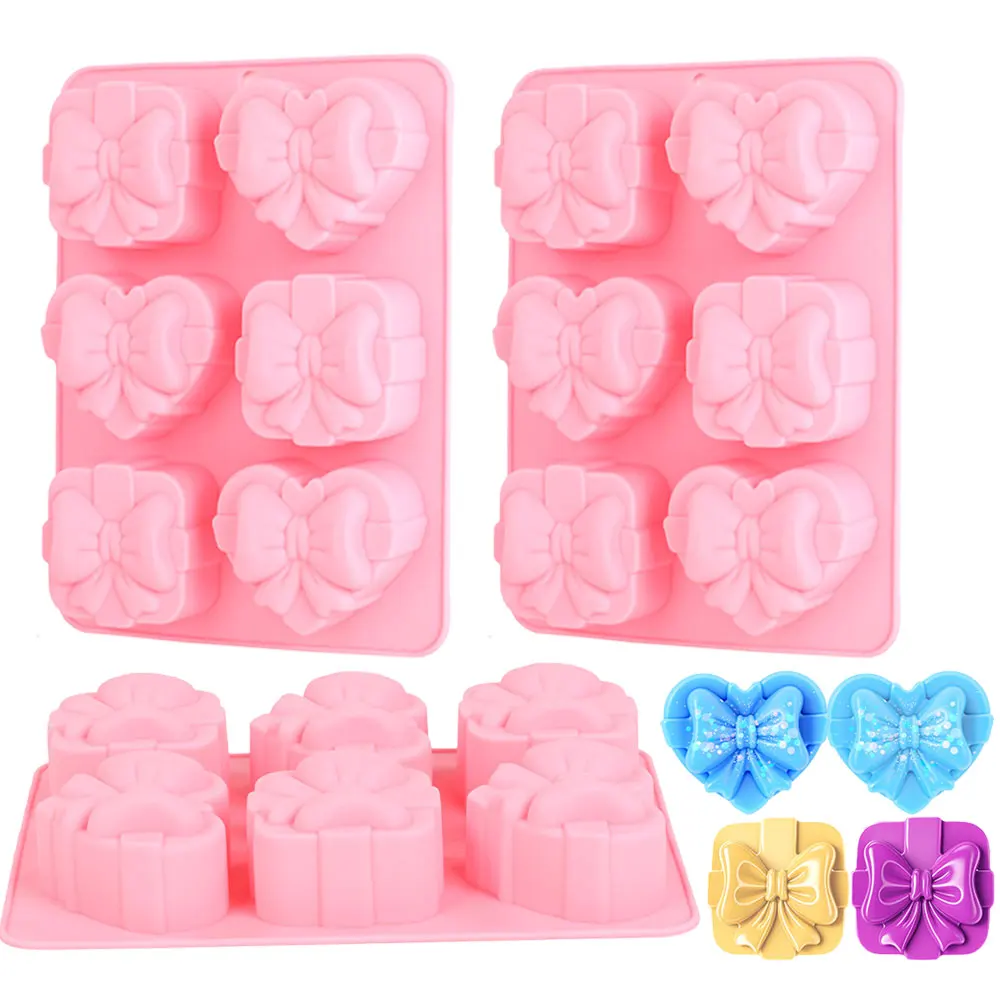 Square Heart Shape Silicone Mold 6 Cavity Bow Design Handmade Resin Plaster Making Tool DIY Love Candle Marriage Proposal Decor