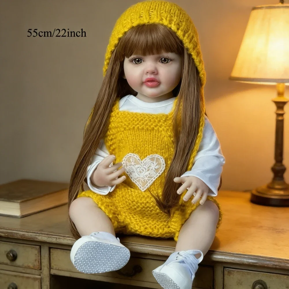 BZDOLL Full Body Soft Vinyl Reborn Doll Baby 55cm 22in Lifelike Long Hair Princess Newborn Toddler Bebe Toy Lovely Birthday Gift