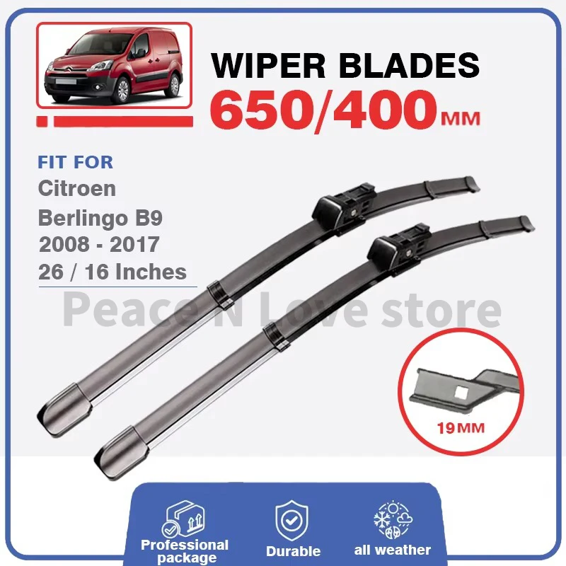 

For Citroen Berlingo Peugeot Partner B9 2008 - 2017 Front Wiper Blades Windshield Windscreen 26"+16" 2011 2012 2014 Accessories
