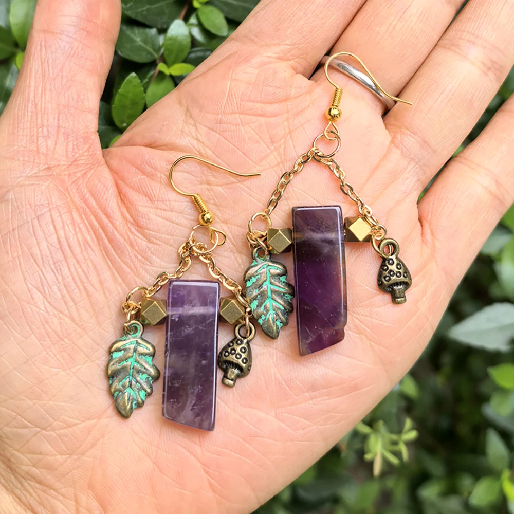 Handgefertigte Boho Naturkristall-Ohrhänger Vintage Blatt- und Pilz-Anhänger Lange Tropfen-Ohrringe Heilkristall-Schmuck für Frauen Geschenk