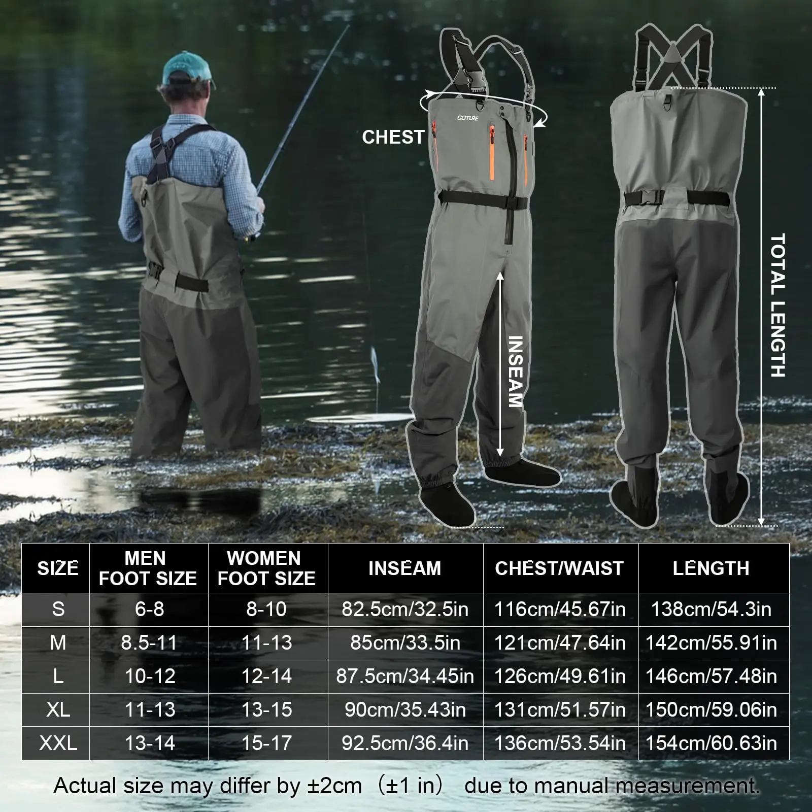 Goture 5-Layer Waterproof Fishing Hunting Chest Wader Breathable Fly Fishing Waders for Men Women Multiple Storage Pockets Wader