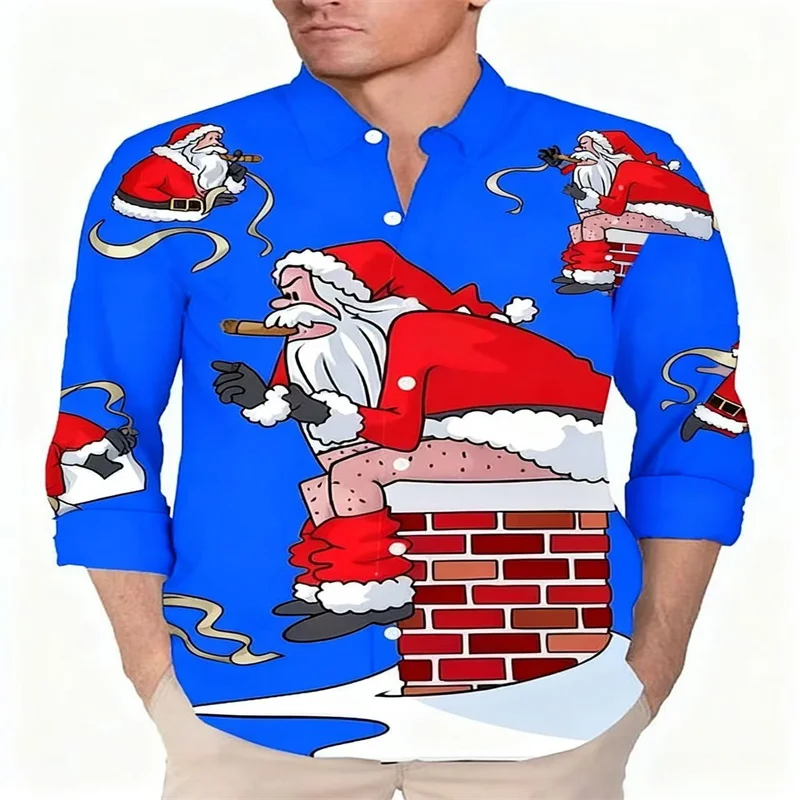 

2025 Christmas Elements Green Naughty Bad Santa Claus Printed Men's Long Sleeve Shirt Party Family Gift