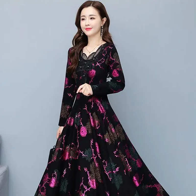 Otoño Invierno nuevo vestido de manga larga estampado bronceado con cuello en V mujeres gran Swing longitud media hasta el muslo que cubre vestidos de noche adelgazantes