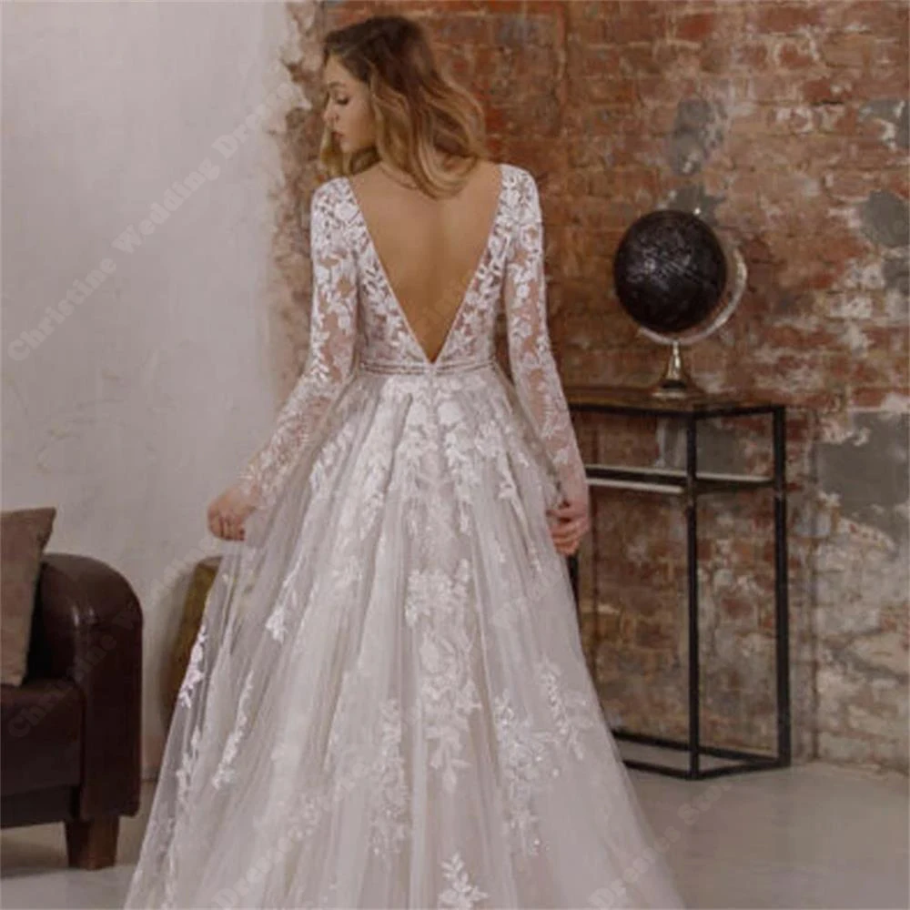 Vestidos de casamento de manga comprida para mulheres, coloridos brilhantes, vestidos de noiva pura A-Line, apliques de renda, novos