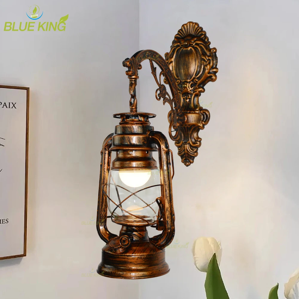 

Classical retro nostalgic iron art personalized creative vintage horse lantern mesh bar loft antique corridor balcony wall lamp