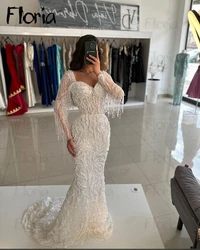 Muslim Tassel Long Sleeve Evening Dress Dubai Full Pearls Vestido De Noiva 2024 Luxury Mermaid Ivory Formal Prom Party Gowns