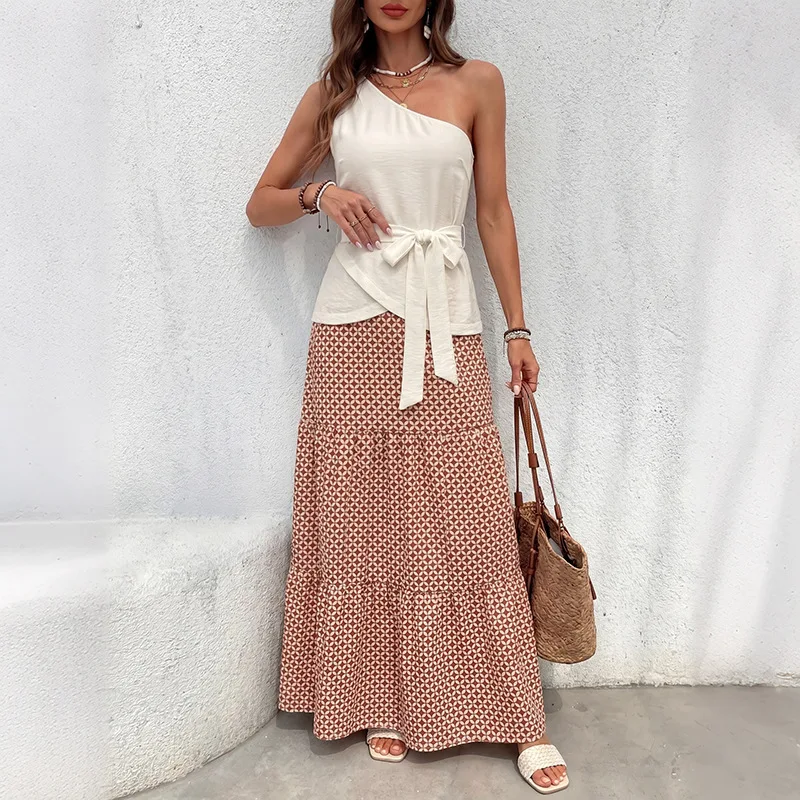 Women Ethnic Vacation Two Piece Set One Shoulder Belted Top Geometric Print Tiered Long Skirt S XL