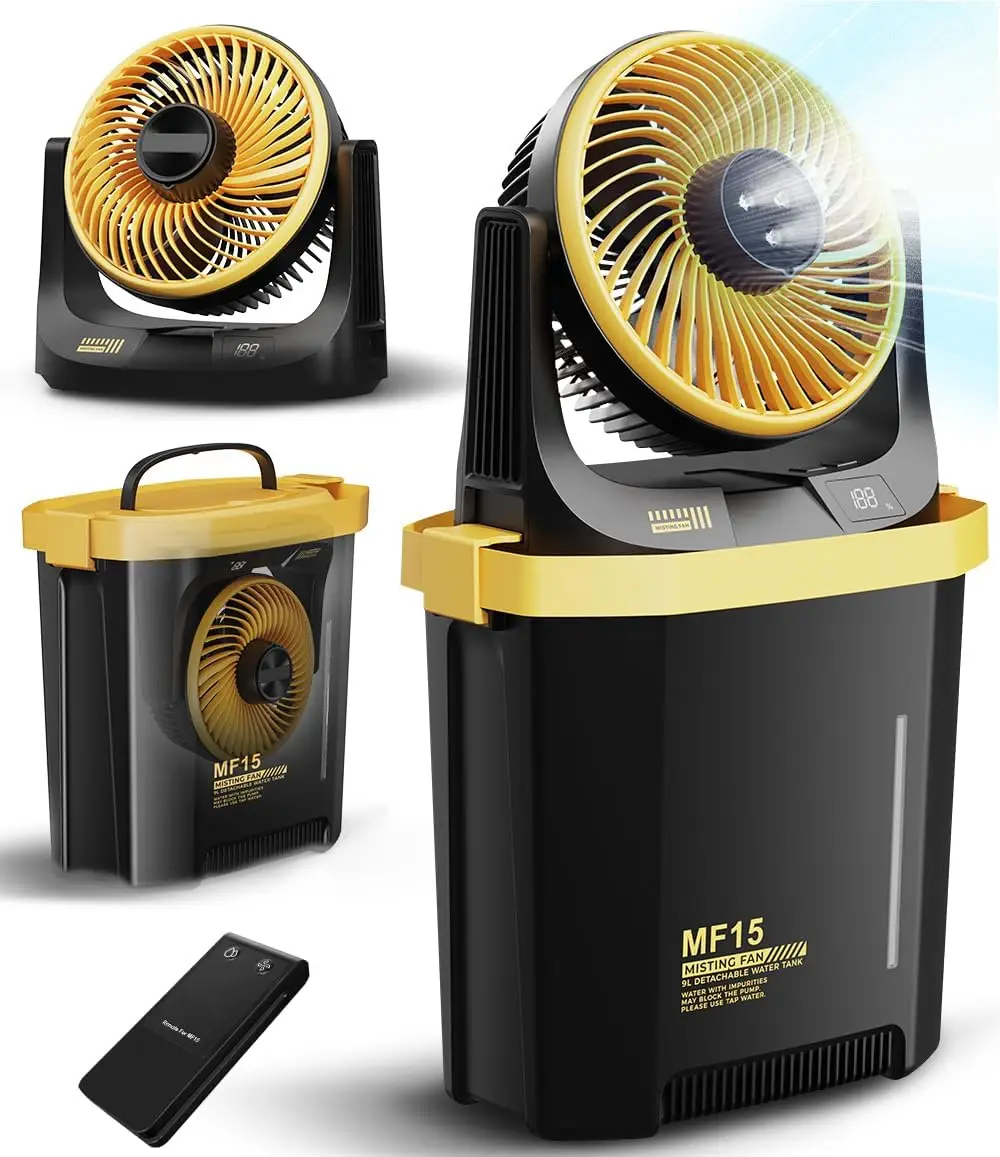 

Портативный вентилятор для запотевания, перезаряжаемый напольный вентилятор с питанием от батареи для путешествий на открытом воздухе, распылительная насадка и аккумулятор, наружные охлаждающие туманные вентиляторы