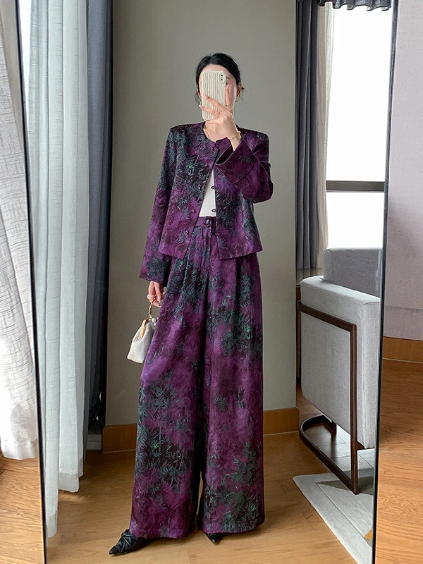 

Silk Floral Embroidery Set Short Outerwear Wide Leg Pants High Waist Spring New Arrival Chinese Style Two-Piece Fashion Set