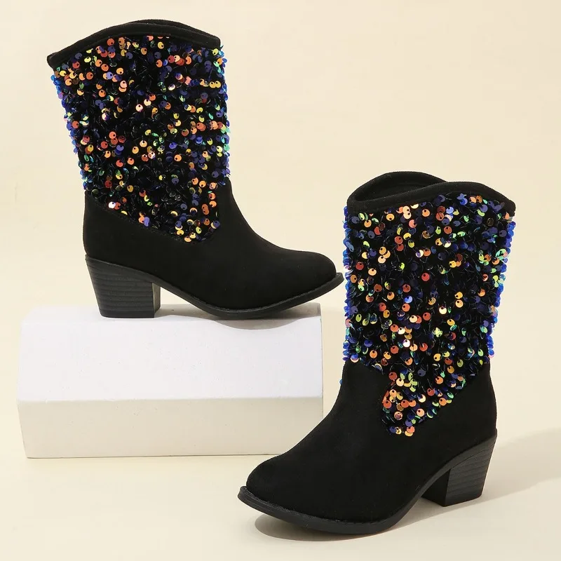 New Girls Boots Sequined Elegant Unique Low Heels Children Fashion Casual Princess Boots Solid Color Kids Slip-on Breatheable