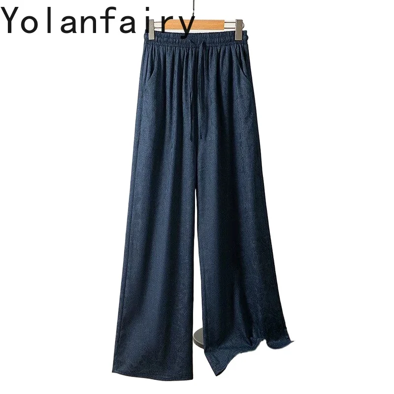 

YOLANFAIRY 100% Real Mulberry Silk Pants Woman Clothing Summer Fashion Drawstring Wide Leg Pants Women Casual Pants Pantalones