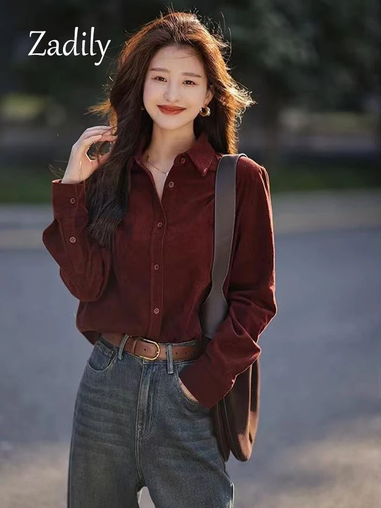 2024 Autumn Office Lady Long Sleeve Women Corduroy Basic Shirt Korea Style Button Up Thick Blouse Button Up Work Female Clothing