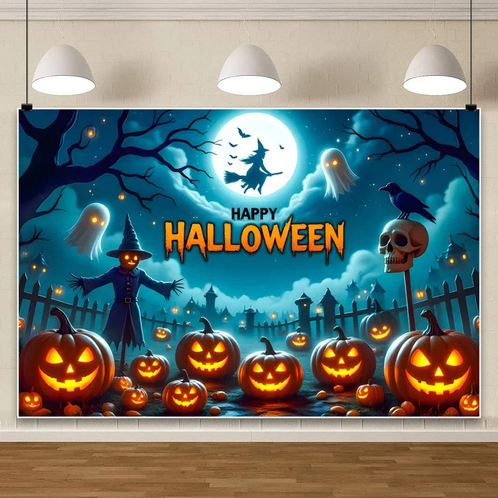 Happy Halloween Party Decor Background Graveyard Pumpkin Lights Witch Broom Halloween Eve Moon Horror Theme Photography Backdrop