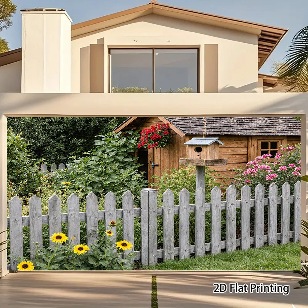 2D Flat, 1pc Small Cabin in the Garden Polyester Banner - UV Printed Outdoor/Indoor Decoration with Floral Fence & Cottage Desig