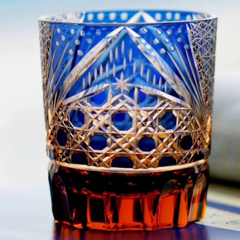 

8.5 Oz Luxury Blue Amber Rocks Glass Edo Kiriko Straight Whisky Tumbler Hand Engraved Octagonal Basket Weave with Gift Box