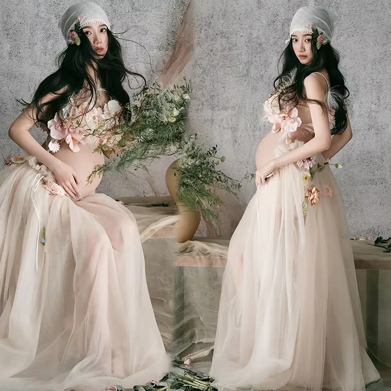women-maternity-dress-set-for-studio-photoshoot-flower-floral-tube-top-with-mesh-skirt-scarf-3pcs-set-for-pregant-photo-shooting