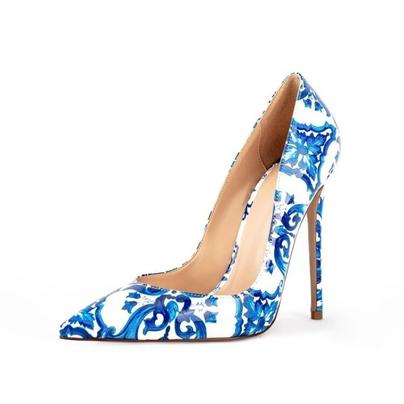 

Blue and White Porcelain Fashionable High-heeled Women's Singles Shoes Spring Party Pumps Retro Sexy Pointed Toe Shallow Mouth