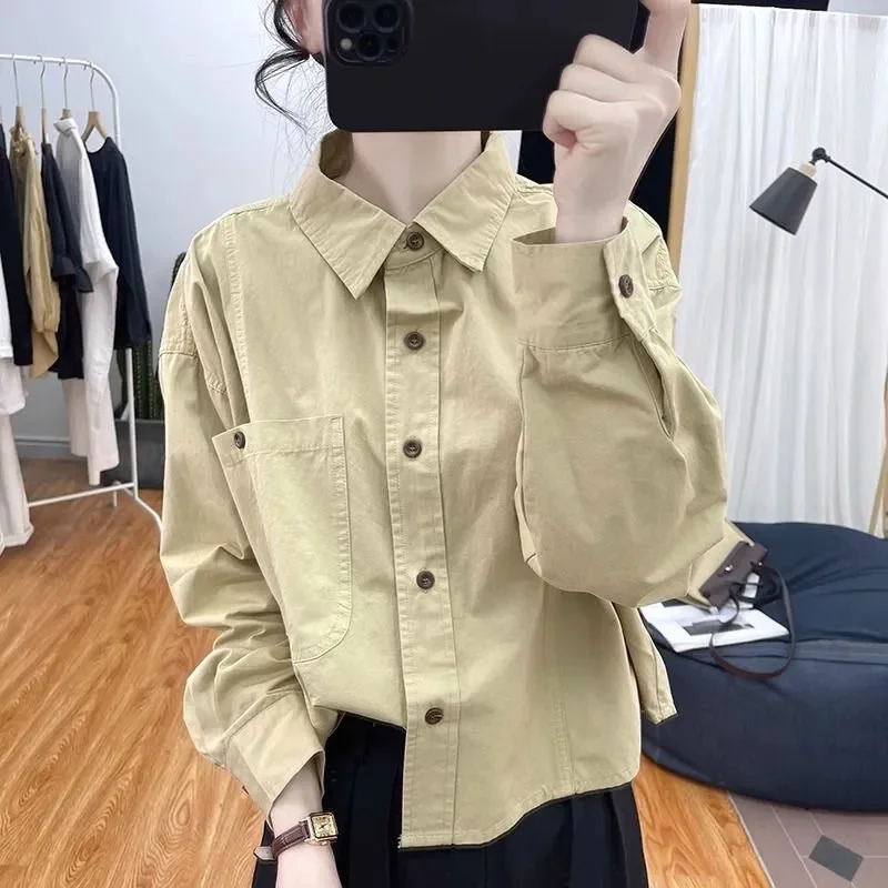 Spring Autumn Women Solid Color Pocket Loose Top Outwear Female Cardigan Blouse Korean Lady Long Sleeves Short Shirt Coat