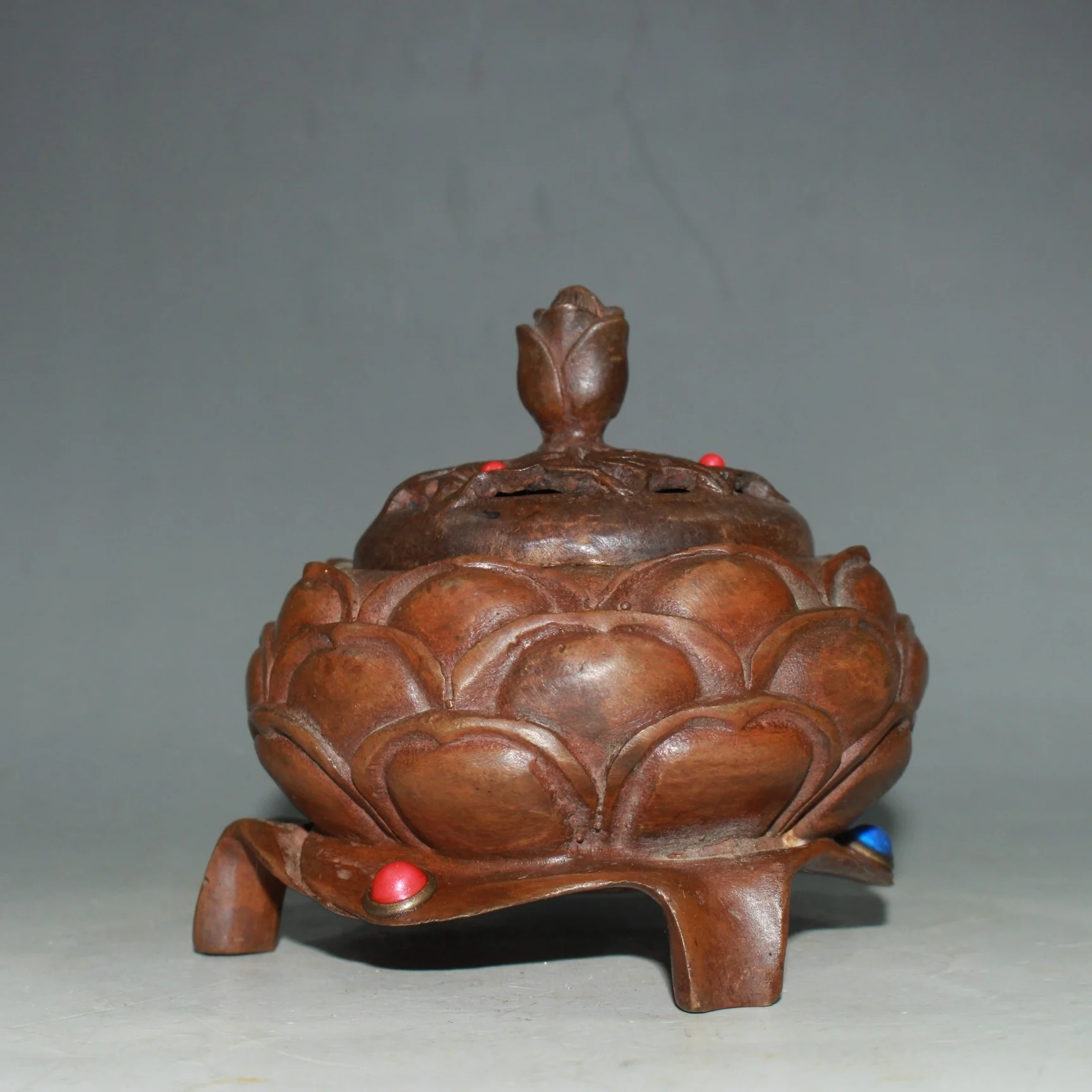 Early collection of pure copper imitation amethyst-inlaid lotus incense burner, finely crafted.