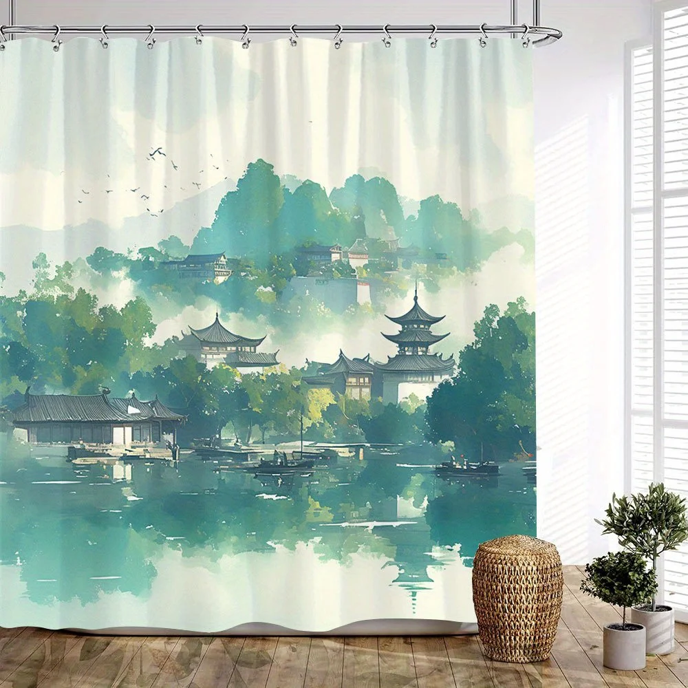 1pc Serene Lakeside Pagoda Bath Curtain - Watercolor Chinese Architecture with Misty Hills, Reflective Water & Flying Birds
