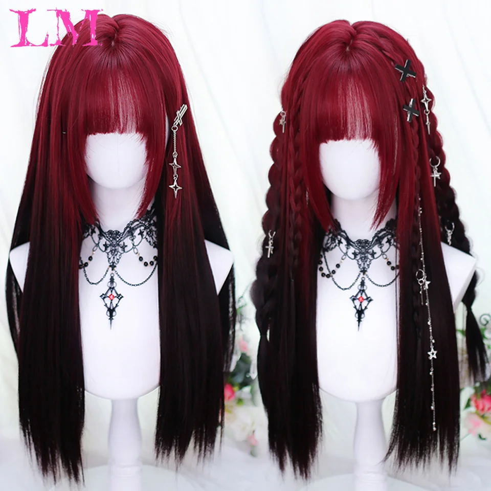 LM Black Wine Red Długa falista peruka syntetyczna Naturalna peruka wysokotemperaturowa z grzywką Kolorowe włosy imprezowe Cosplay dla czarnych kobiet