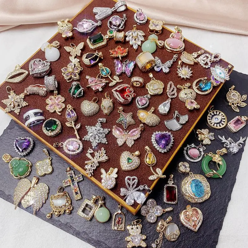 

10/30/50pcs/lot Wholesale Mix Style Pendants for Necklace Key Chain Copper Alloy Zircon Flower Butterfly Love Bear Opal Charms