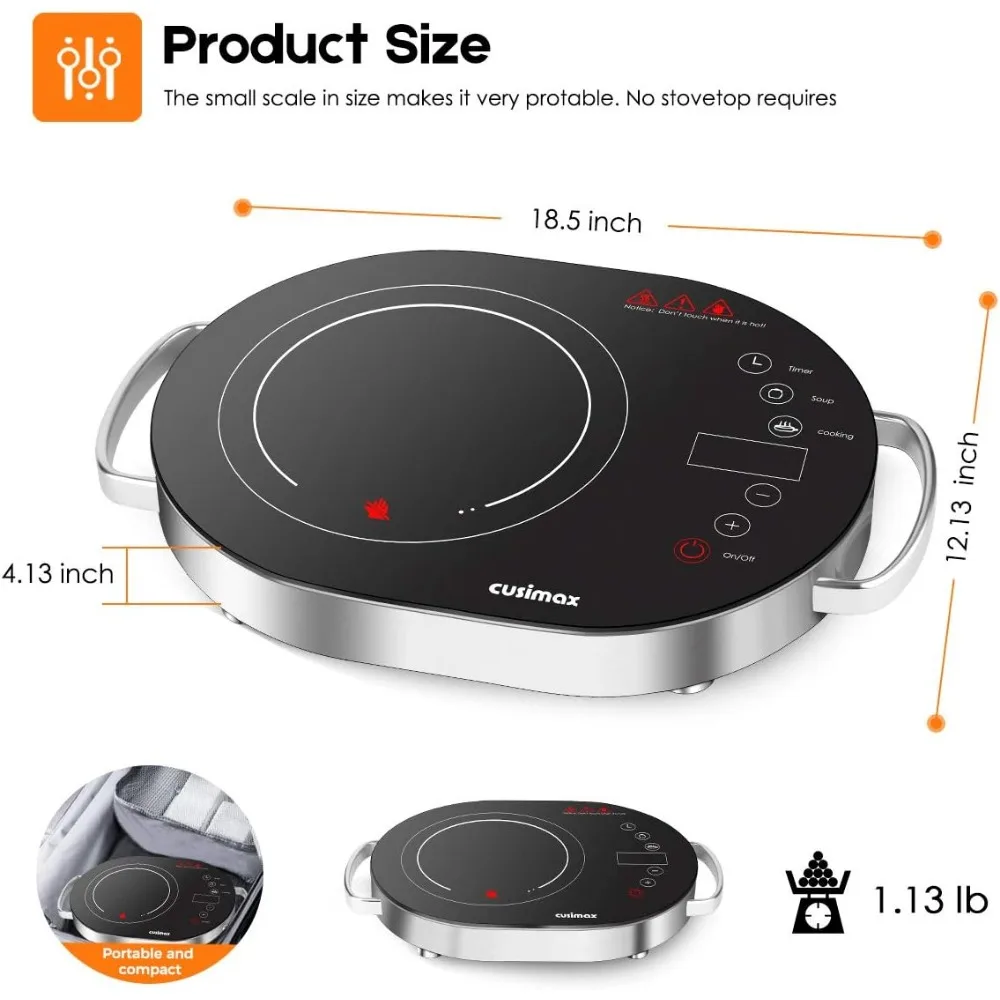 1500W LED  Portable Stove,Work w/all Cookware,Adjustable Temp,7.9in Cooktop w/Touch Button for Dorm Office Home RV