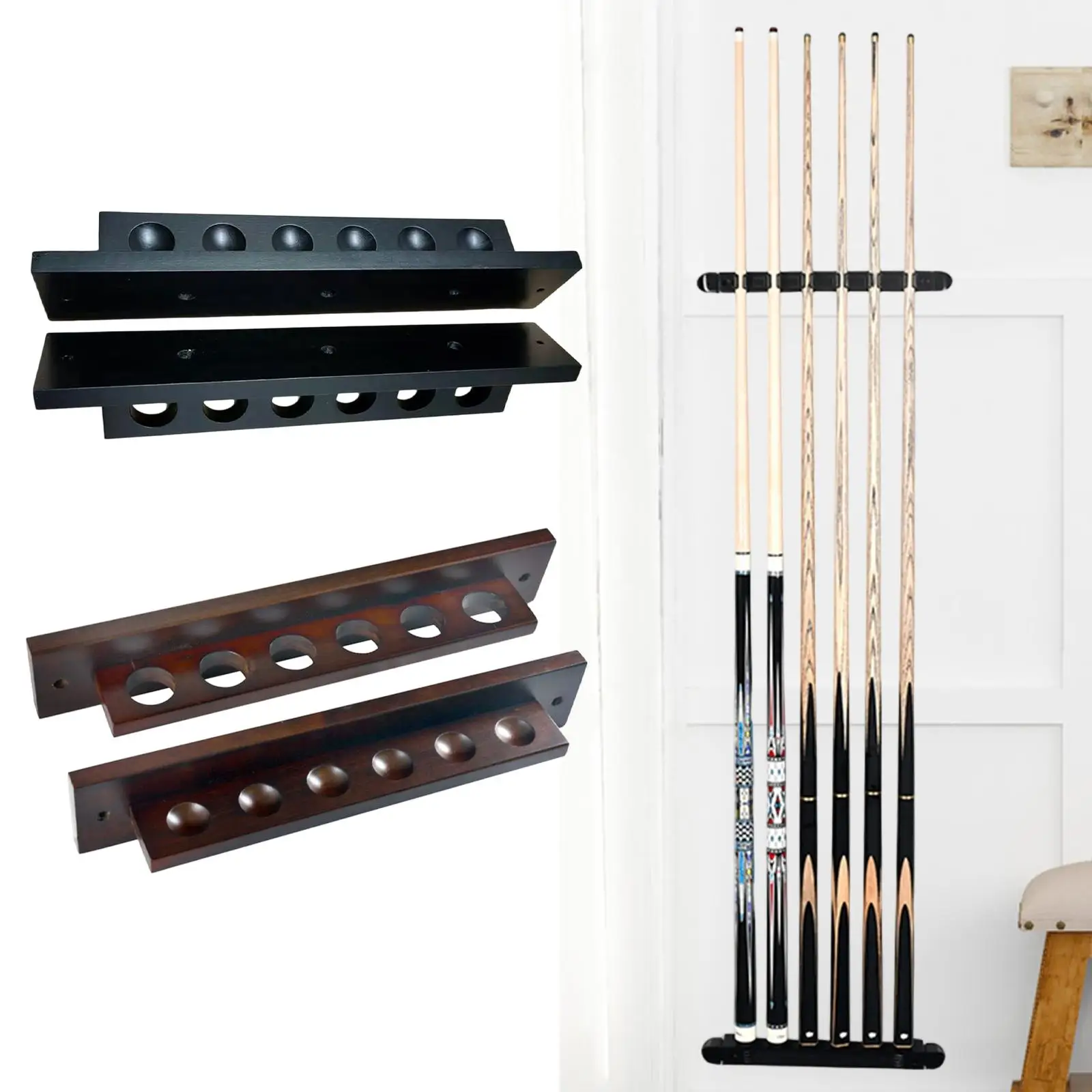

Pool Cue Holder Wall Mounted Wood Rack Space Saving Organizer for Six Sticks for Billiards Room Bar Club