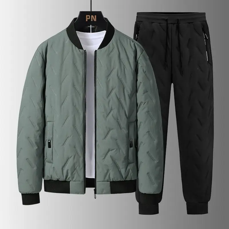 Men High Quality Winter Down Cotton Padded Jacket Pants Set Thick Warm Versatile Coat Trousers Outfit New