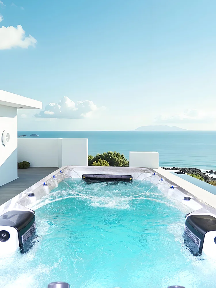 Large Outdoor Smart Temperature-Controlled Infinity Pool, Massage Surfing Pool, and Spa Pool in Villa Hotels.