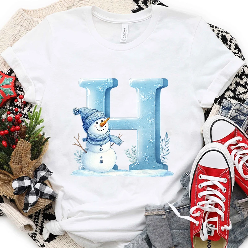 Camiseta feminina do alfabeto A-Z de Natal, camiseta gráfica do boneco de neve com estampa de férias de Papai Noel, roupas femininas casuais da moda para festa de Natal