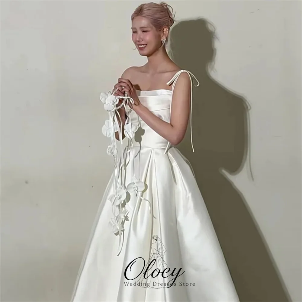 OLOEY Minimalist One Shoulder Spaghetti Strap Korea Wedding Dress Photo Shoot A-Line Satin Outdoor Bridal Gown Customized