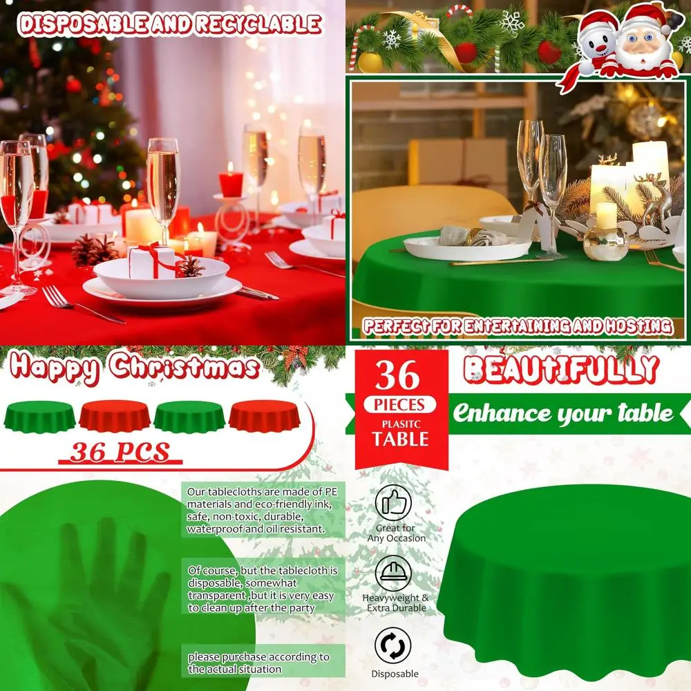 

Round 84 Christmas Plastic Tablecloth, Waterproof & Decorative, 36 Pieces, Red & Green for Parties