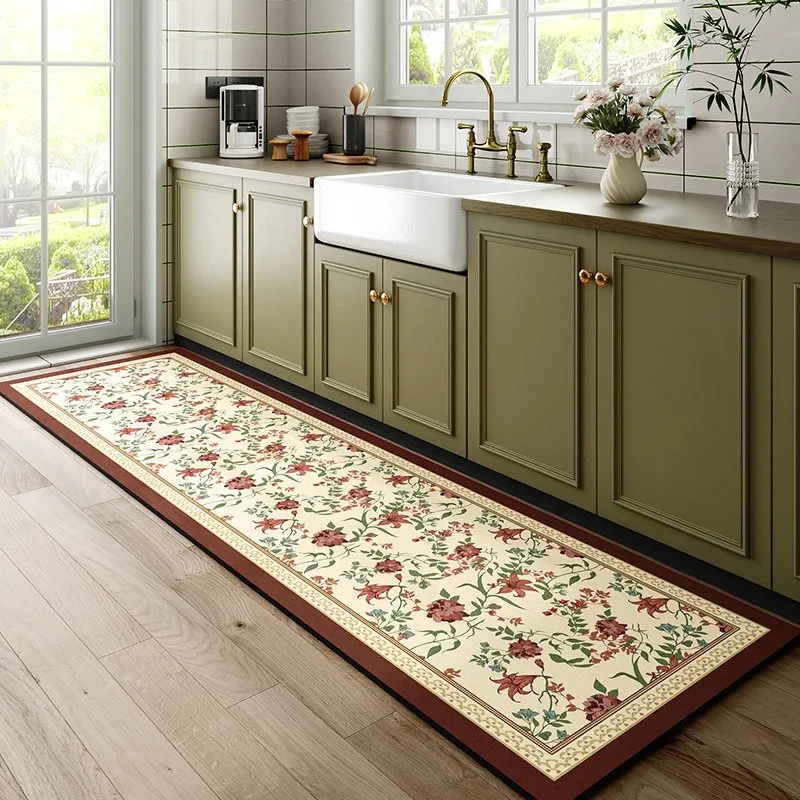 Retro Floral Pattern Rugs for Kitchen PVC Leather Floor Mat Home Decor Waterproof Oil-proof Stain-resistant Foot Mats 러그
