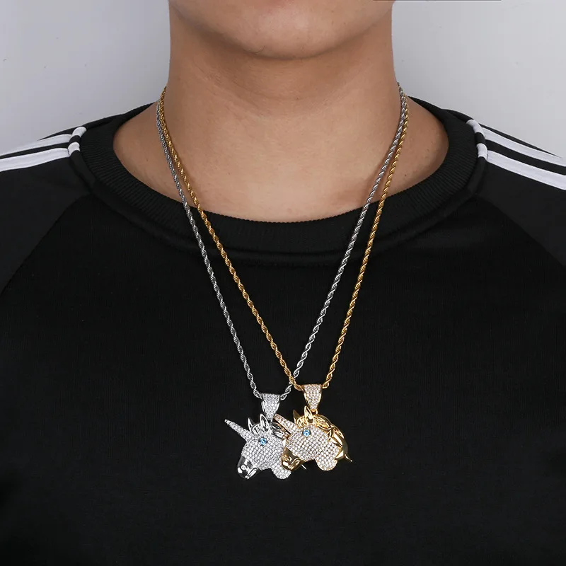 Iced CZ Unicorn Head Pendant Necklace Gold Silver Twist Rope Chain Hip Hop Men Women Bling Animal Jewelry Party Gift Wholesale