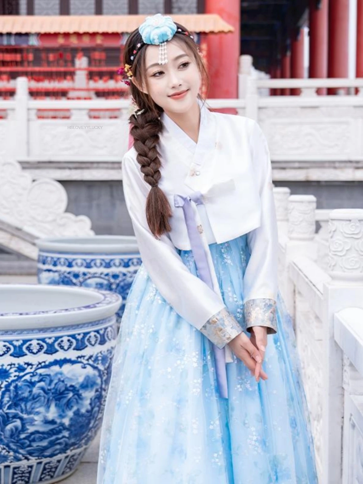 الهانبوك النسائي الكوري التقليدي مع الترتر الأزرق زي قديم لزي أداء الرقص الشاش من الجنسية الكورية #3