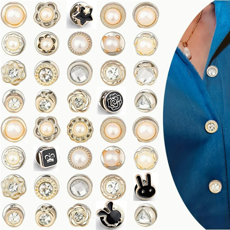 15Pcs/lot Women Shirt Brooch Buttons Cover up Button Pins Free Sewing Pearl Rhinestone Button for DIY Shirt Hat Clothing Decor